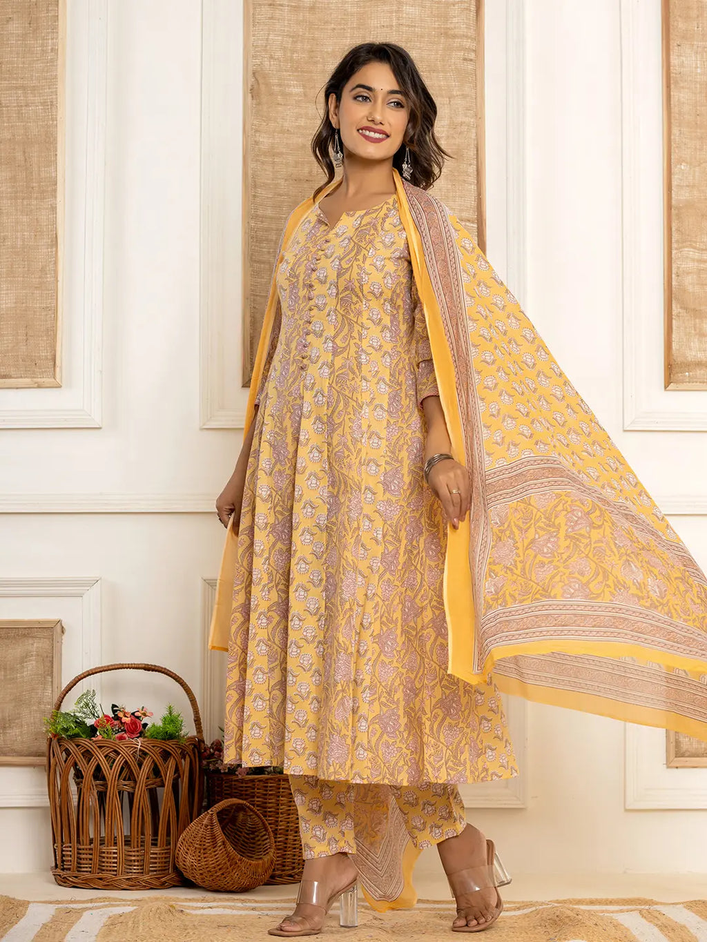 Yufta Cotton Mustard Anarkali Kurta Dupatta Set