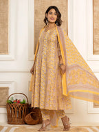 Yufta Cotton Mustard Anarkali Kurta Dupatta Set