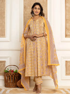 Yufta Cotton Mustard Anarkali Kurta Dupatta Set