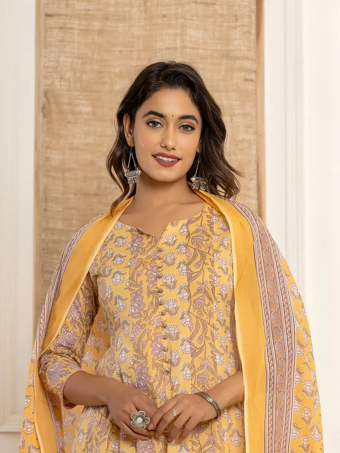 Yufta Cotton Mustard Anarkali Kurta Dupatta Set