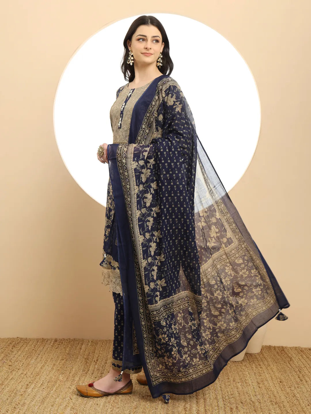 Yufta Cotton Navy Blue Kurta Dupatta Set With Lace Detailing