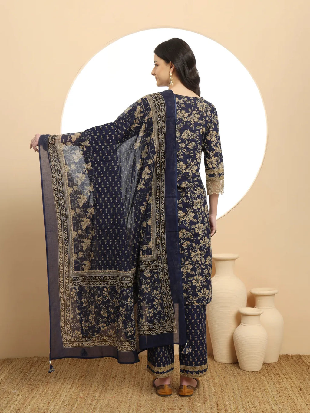 Yufta Cotton Navy Blue Kurta Dupatta Set With Lace Detailing