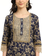 Yufta Cotton Navy Blue Kurta Dupatta Set With Lace Detailing