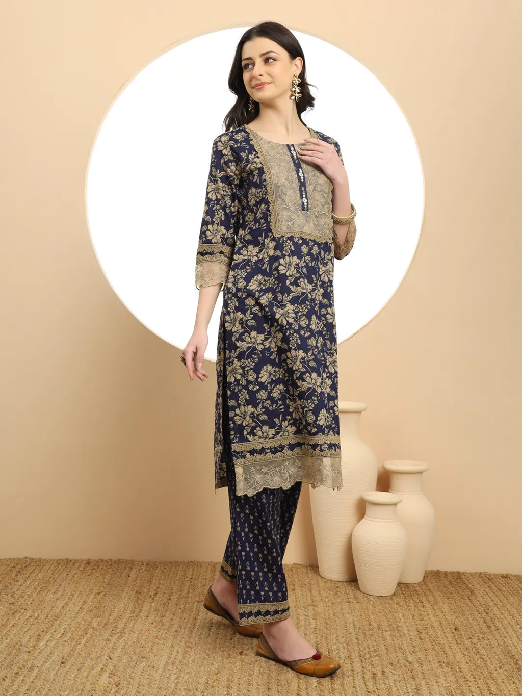 Yufta Cotton Navy Blue Kurta Dupatta Set With Lace Detailing