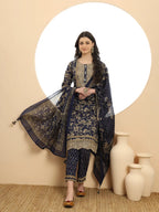Yufta Cotton Navy Blue Kurta Dupatta Set With Lace Detailing