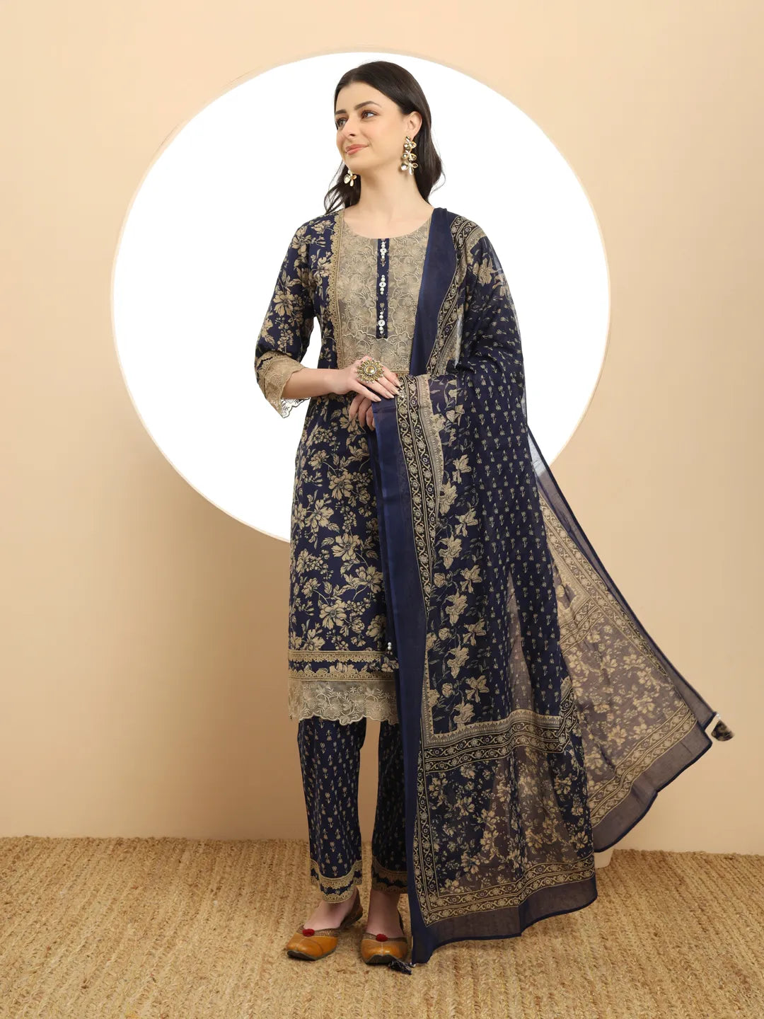 Yufta Cotton Navy Blue Kurta Dupatta Set With Lace Detailing