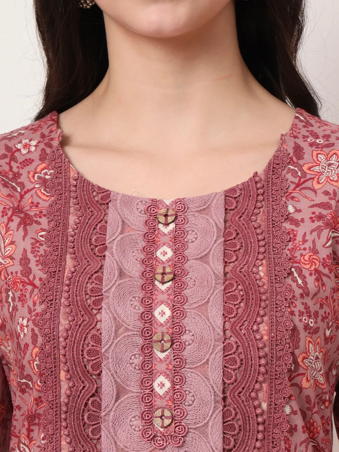 Yufta Cotton Pink Kurta Dupatta Set With Lace Detailing