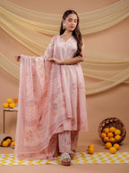 Yufta Cotton Pink Sleeveless Kurta Dupatta Set