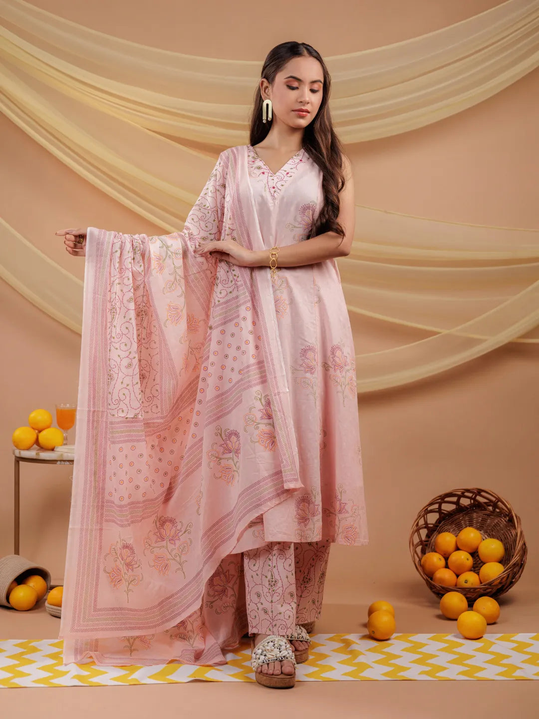Yufta Cotton Pink Sleeveless Kurta Dupatta Set