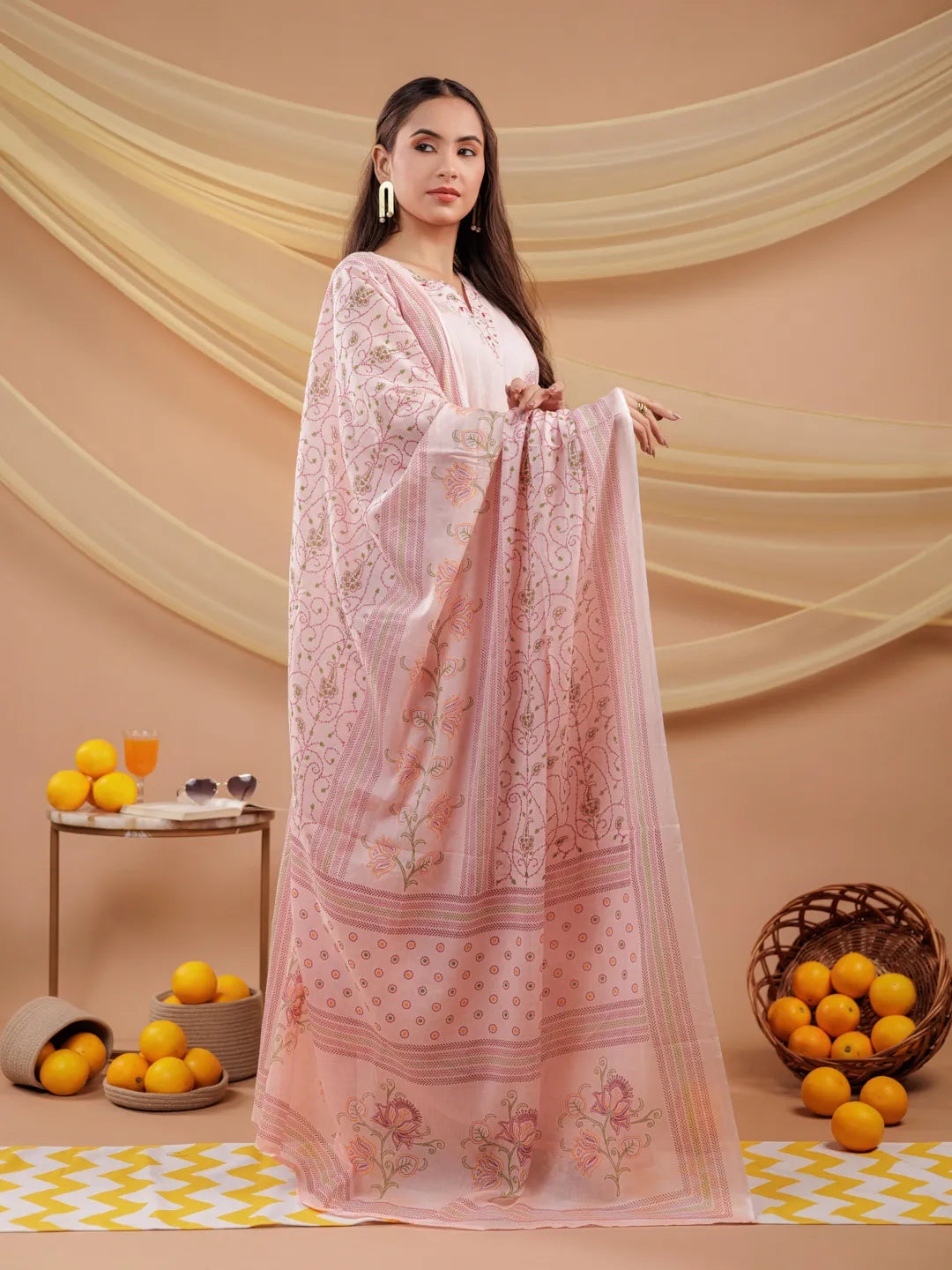 Yufta Cotton Pink Sleeveless Kurta Dupatta Set