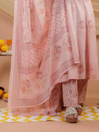Yufta Cotton Pink Sleeveless Kurta Dupatta Set