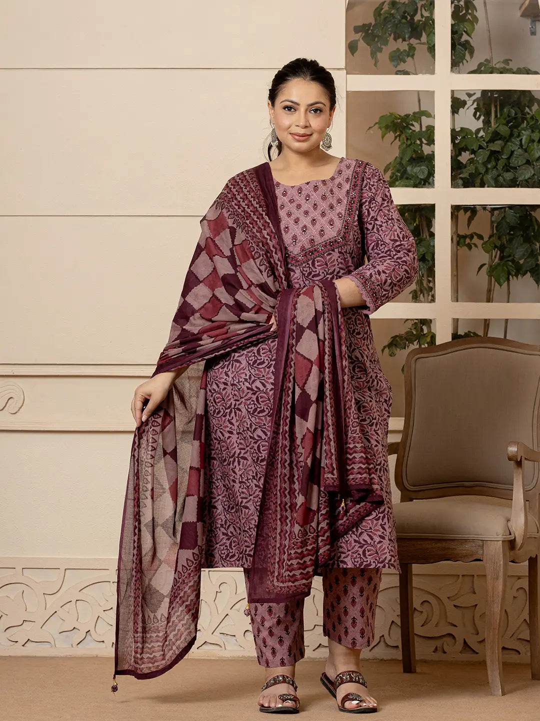 Yufta Cotton Purple Kantha_Work Plus Size Kurta Dupatta Pant Set