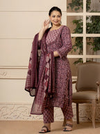 Yufta Cotton Purple Kantha_Work Plus Size Kurta Dupatta Pant Set