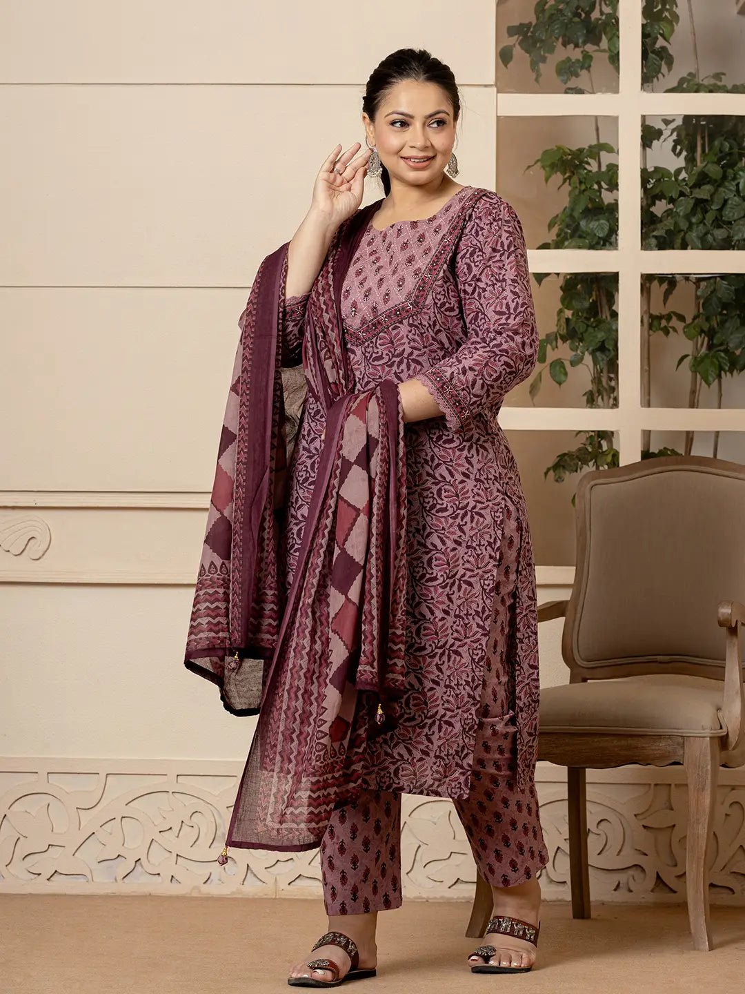 Yufta Cotton Purple Kantha_Work Plus Size Kurta Dupatta Pant Set