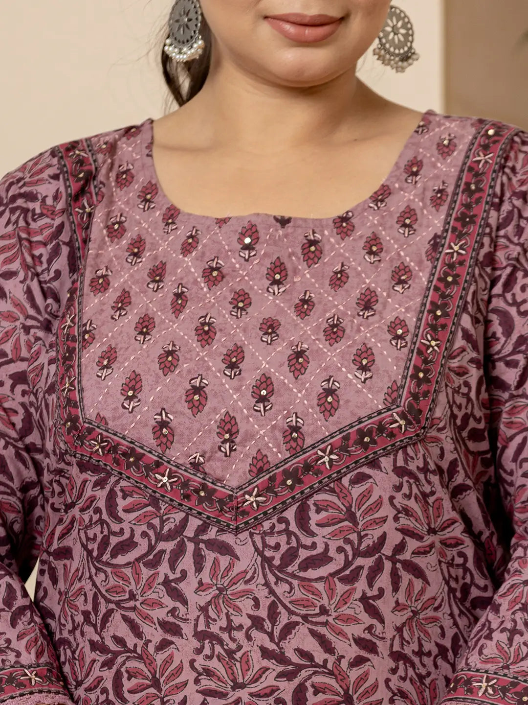 Yufta Cotton Purple Kantha_Work Plus Size Kurta Dupatta Pant Set
