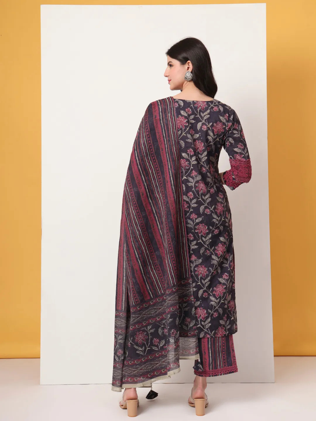 Yufta Cotton Purple Kurta Dupatta Set With Lace Detailing - Distacart