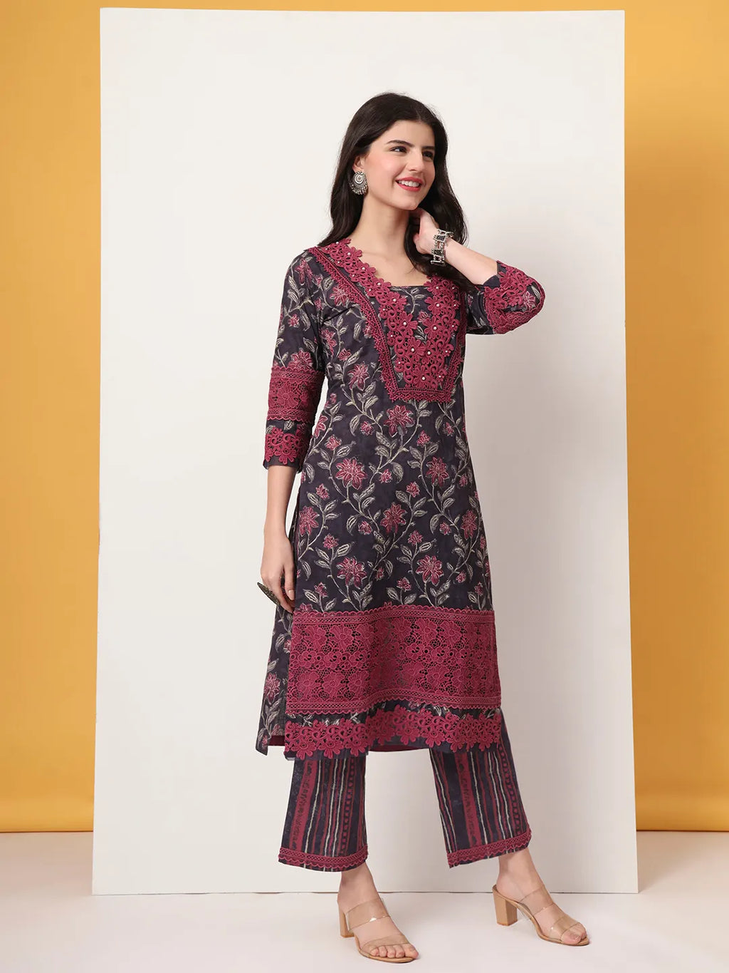 Yufta Cotton Purple Kurta Dupatta Set With Lace Detailing - Distacart