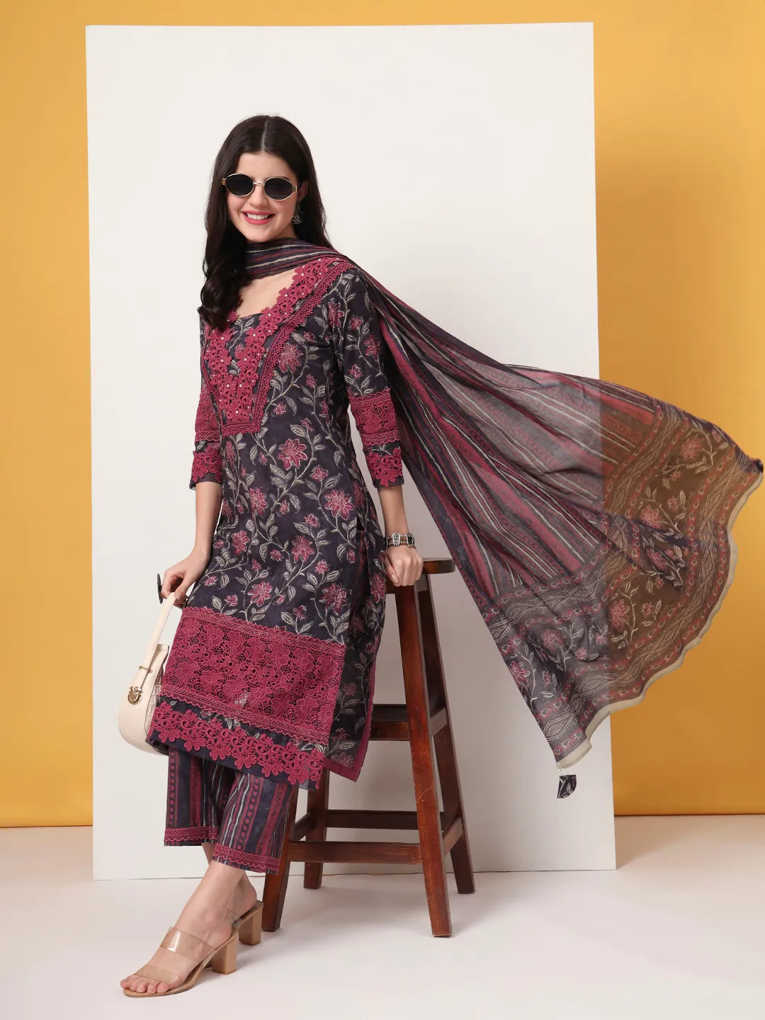Yufta Cotton Purple Kurta Dupatta Set With Lace Detailing - Distacart