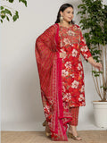 Yufta Cotton Red Embroidered Plus Size Kurta Dupatta Set