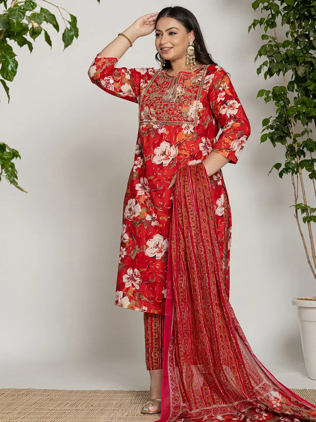Yufta Cotton Red Embroidered Plus Size Kurta Dupatta Set