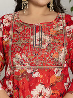 Yufta Cotton Red Embroidered Plus Size Kurta Dupatta Set