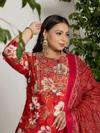 Yufta Cotton Red Embroidered Plus Size Kurta Dupatta Set