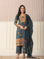 Yufta Cotton Teal Blue Kurta Dupatta Set With Lace Detailing