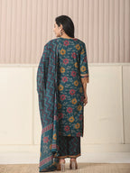 Yufta Cotton Teal Blue Kurta Dupatta Set With Lace Detailing