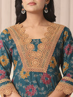 Yufta Cotton Teal Blue Kurta Dupatta Set With Lace Detailing