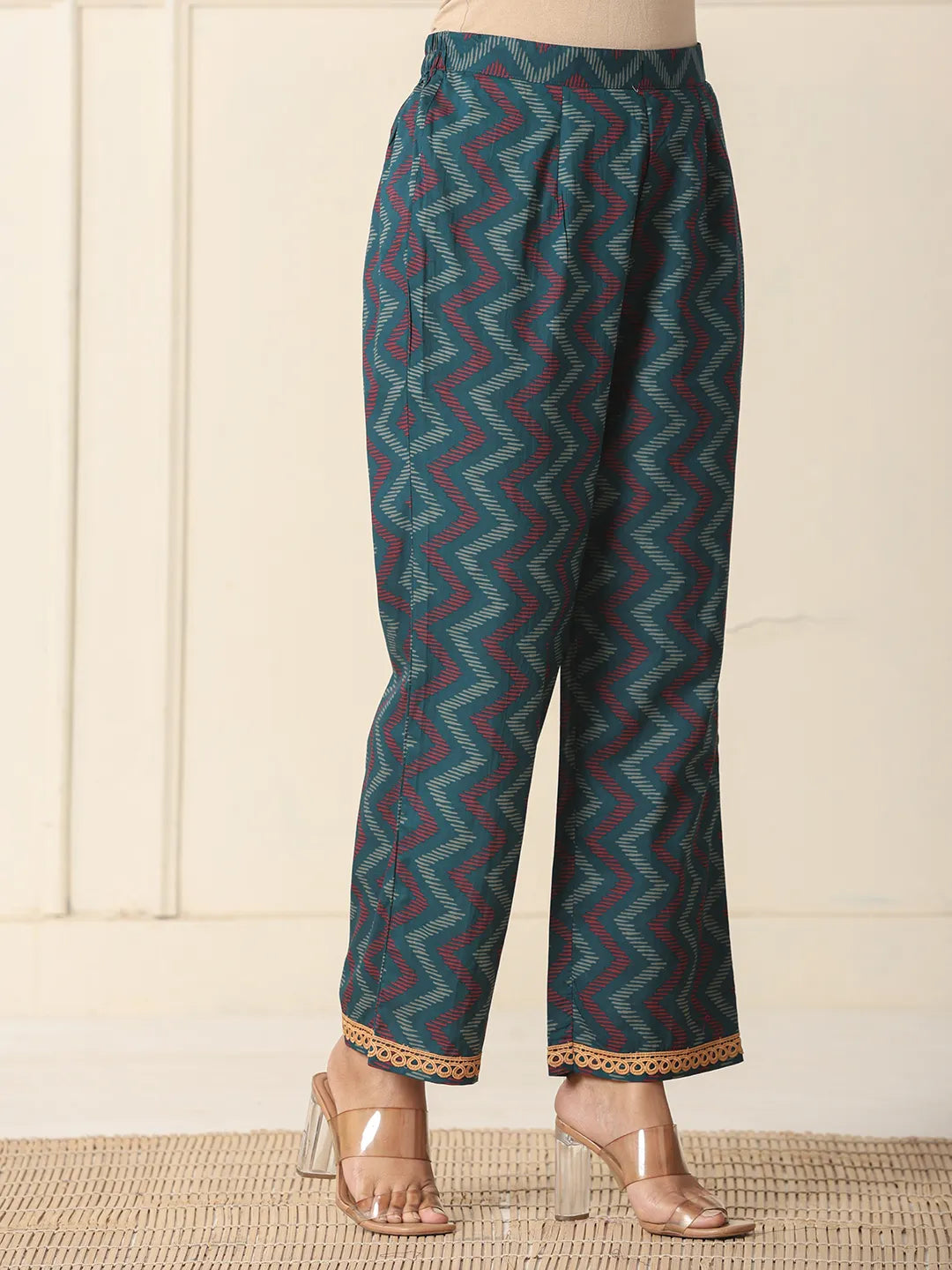 Yufta Cotton Teal Blue Kurta Dupatta Set With Lace Detailing