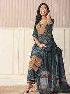 Yufta Cotton Teal Blue Kurta Dupatta Set With Lace Detailing