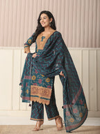 Yufta Cotton Teal Blue Kurta Dupatta Set With Lace Detailing
