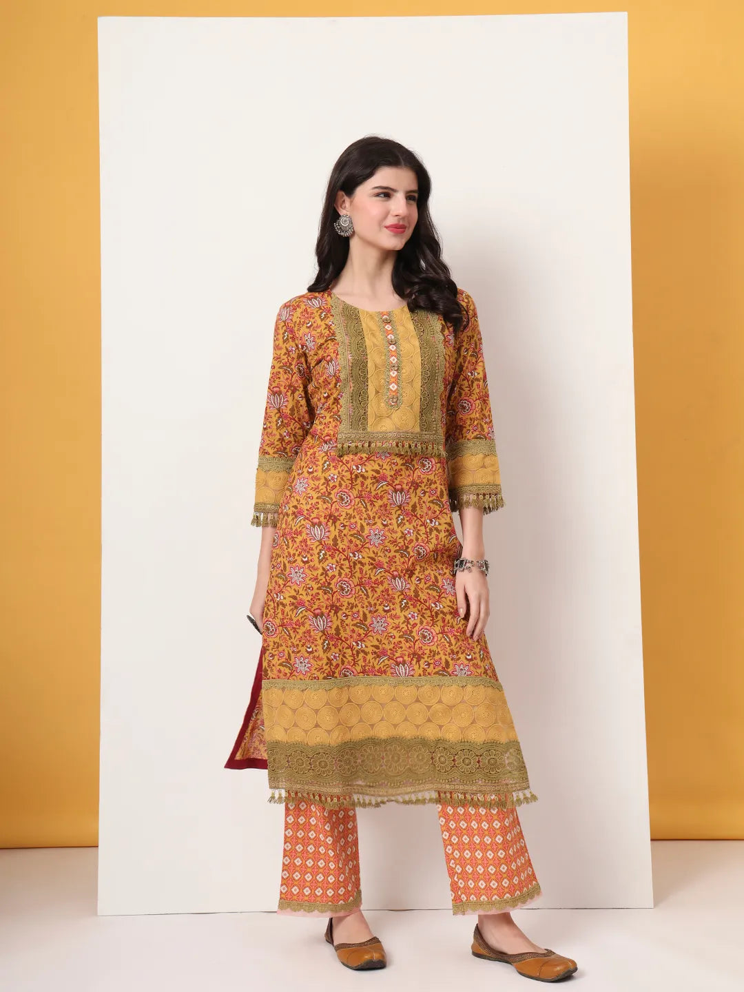 Yufta Cotton Yellow Kurta Dupatta Set With Lace Detailing - Distacart