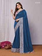 Teal Blue Silk Georgette Laser Cut Embroidery Wired Frills Saree - Norita Saumya