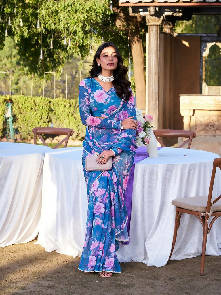 Vastranavya Blue Weightless Marble Printed & Pearl Lace Border Saree with Unstitched Blouse