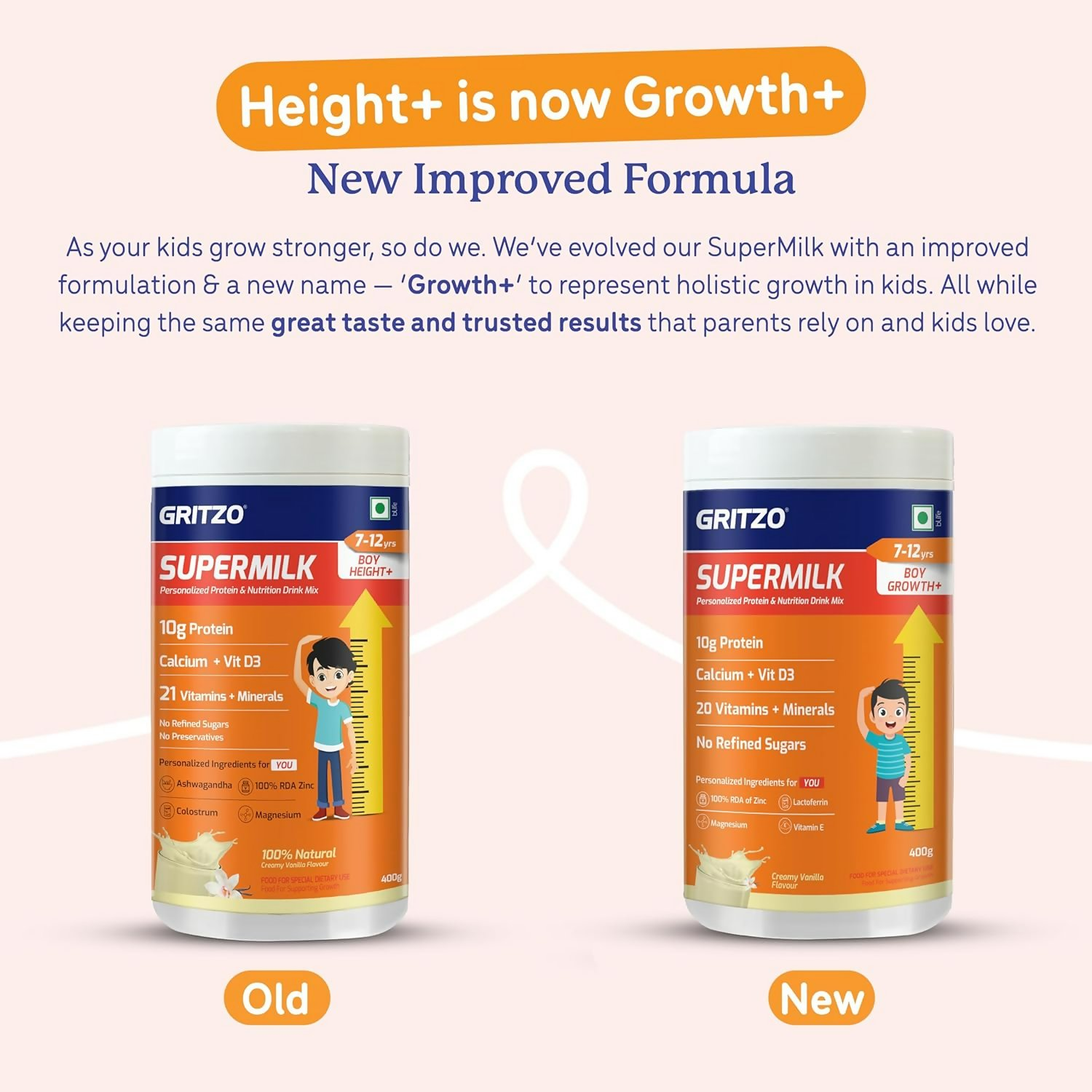 Gritzo SuperMilk Growth+ (Formerly Height+) (7-12y Boys), 10g Protein Powder-Creamy Vanilla - Distacart