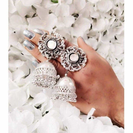 MS Fashion India Flower Design White Color Traditional Hanging Jhumka Earrings