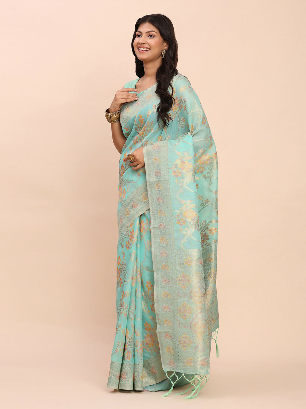 Shree Shyam Fashion Linen Cotton Sea Green Saree - Distacart