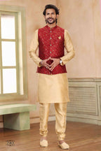 Raivat Ethnic Jacquard Banarasi Silk Woven Work 3 Pics Jacket Set In Maroon Colour - Distacart