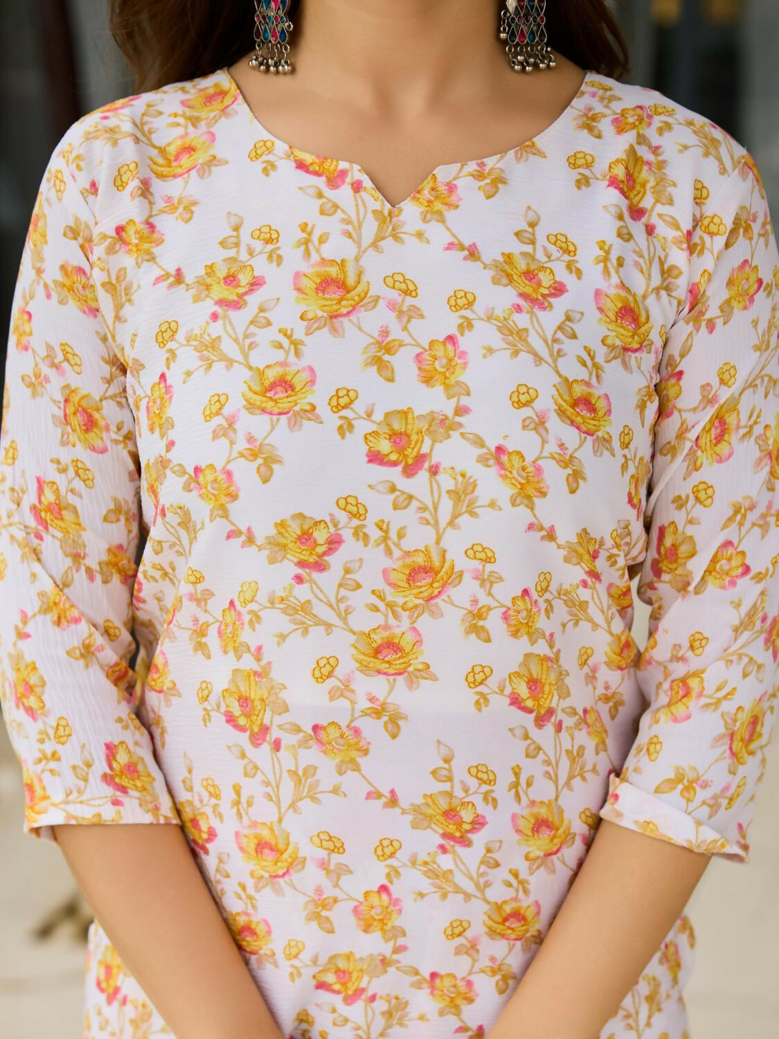 The52 Yellow Women's Beautiful Printed Silk Blend Fabric with Straight Kurta, Pant and Dupatta Set - Distacart