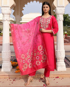 Jyoti Fashion Women's Pink Cotton Silk Hand Work with Floral Printed Kurta Set