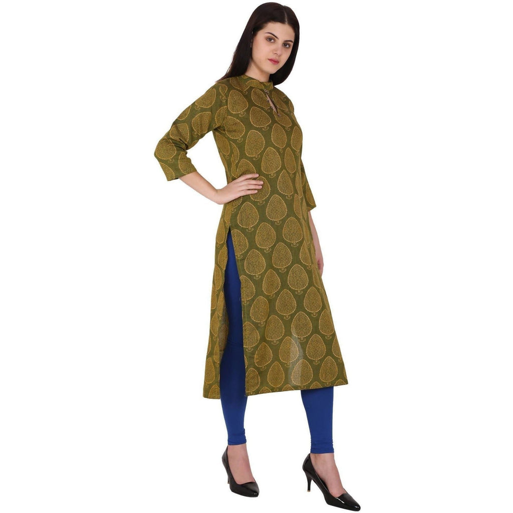 Kanoor Women's Dark Green Cotton Straight Kurti