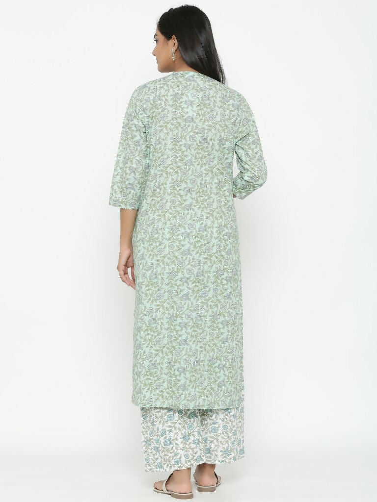 Miravan Women's Floral Jaipuri Cotton Kurta Palazzo With Tassel Set