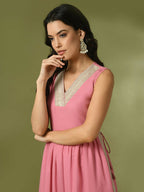 Myshka Women's Pink Solid Georgette Anarkali Party Kurta Set