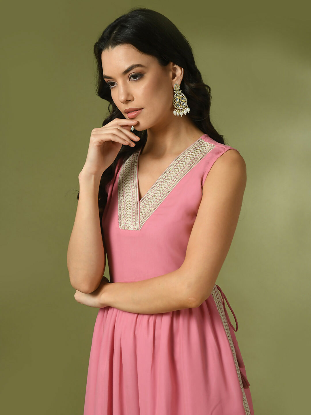 Myshka Women's Pink Solid Georgette Anarkali Party Kurta Set