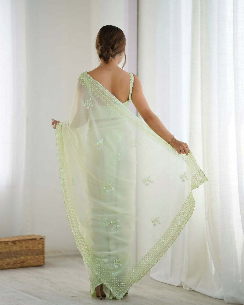 Attractive Looking Georgette Thread, Sequance Embroidery Work Party Wear Saree - Pista
