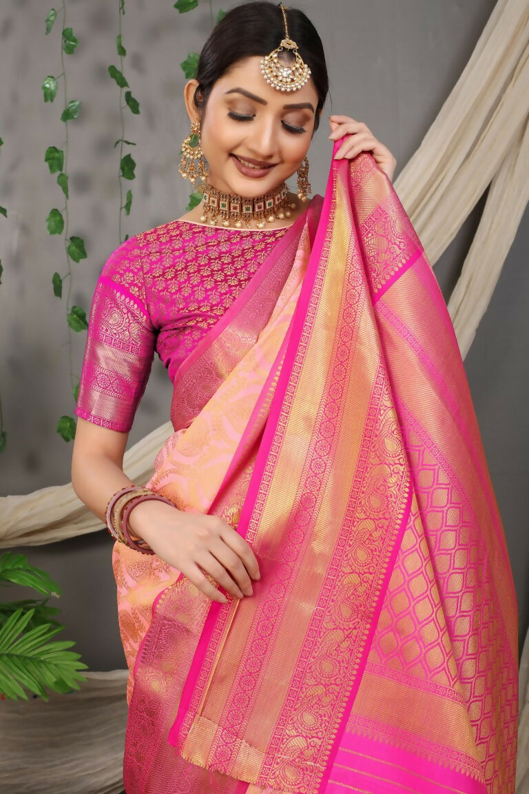 Jyoti Fashion Women's Peach Kanjivaram Silk Zari Woven Saree with Blouse