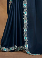 Navy Blue Satin Silk Georgette Designer Saree with Unstitched Blouse - Norita Mahitha