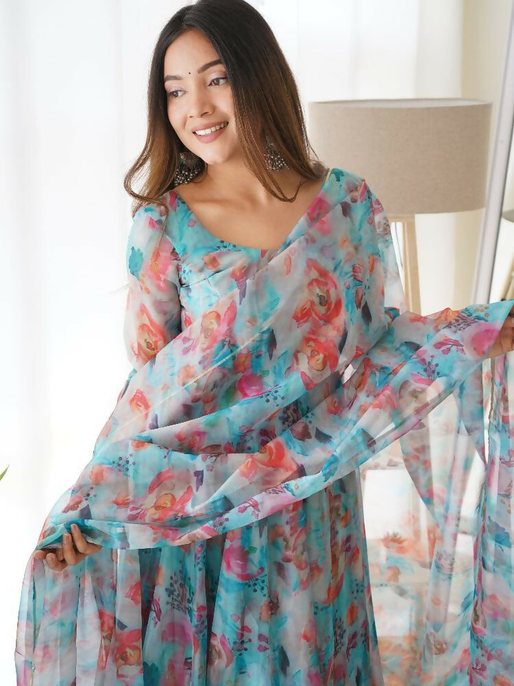 Joban Fashion Sky Kurta Set Organza Sequin Embroidery Work - Distacart