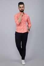 Miravan Men's Peach Spread Collar Animal Print Partywear Shirt
